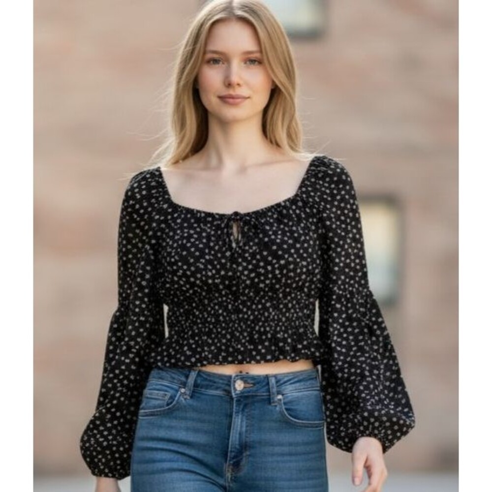 Indie Coquette Floral Smocked Crop Top Lush Black Puff Sleeve Peplum Tie Front S
